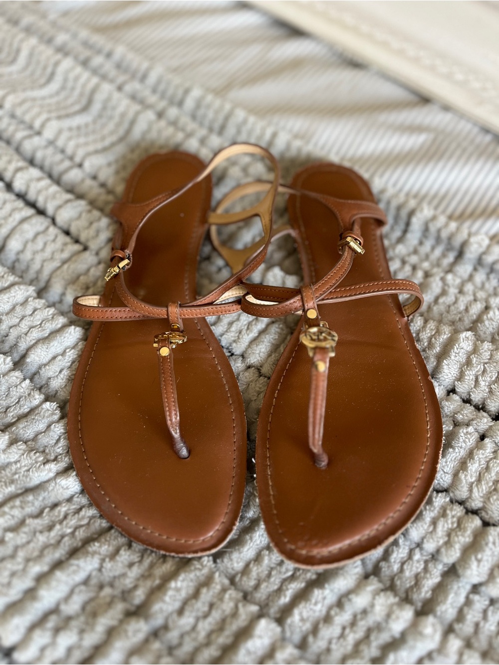 Michael Kors Brown Leather T-Strap Sandals with Gold Accents